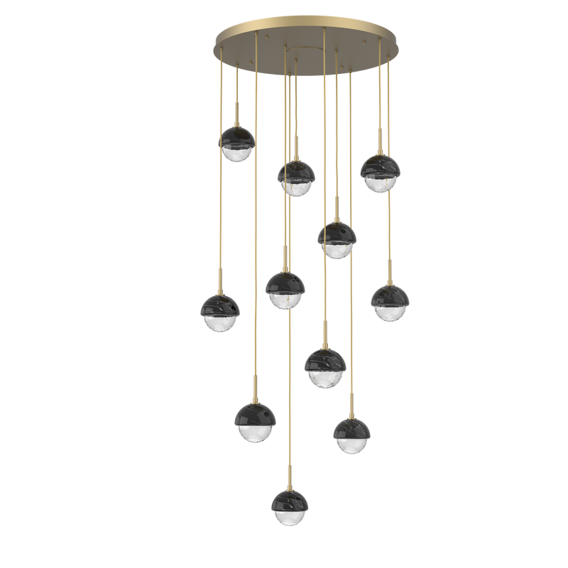 Cabochon Round Pendant Chandelier 11 Lights Gilded Brass Black Marble By Hammerton