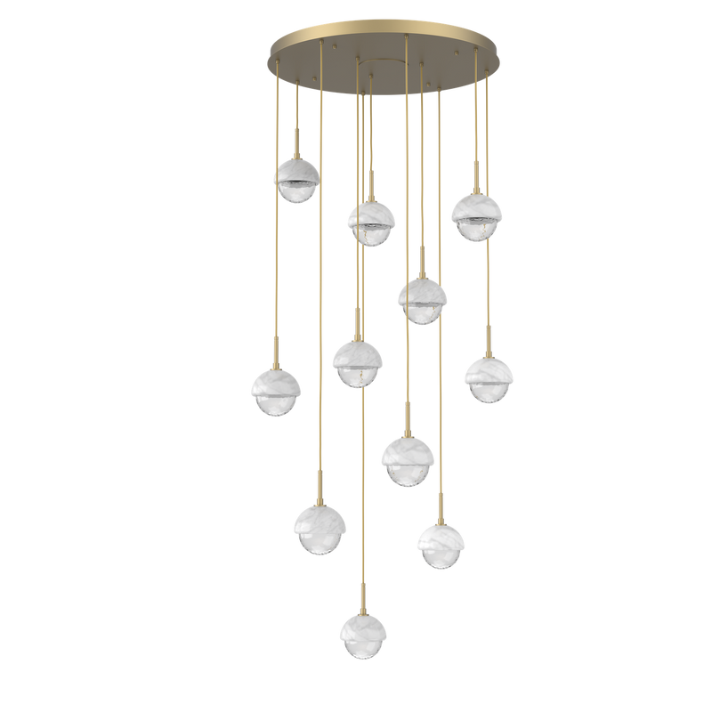 Cabochon Round Pendant Chandelier 11 Lights Gilded Brass Whiet Marble By Hammerton