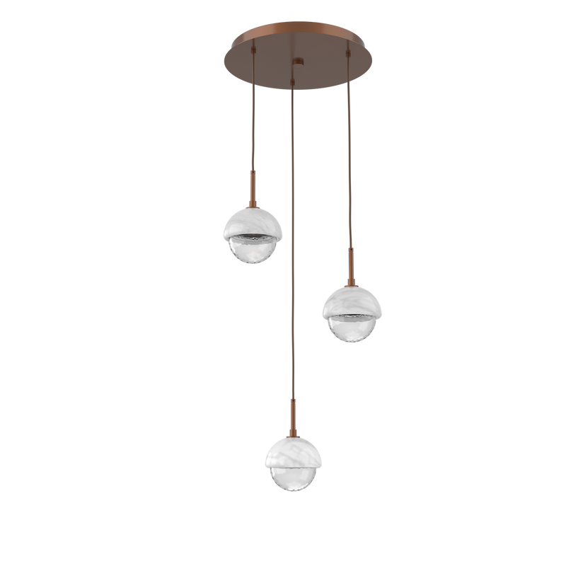 Cabochon Round Pendant Chandelier 3 Lights Burnished Bronze White Marble By Hammerton