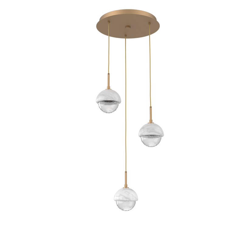 Cabochon Round Pendant Chandelier 3 Lights Novel Brass White Marble By Hammerton