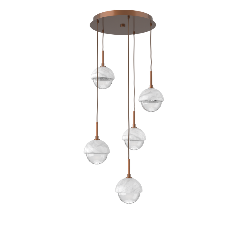 Cabochon Round Pendant Chandelier 5 Lights Burnished Bronze White Marble By Hammerton