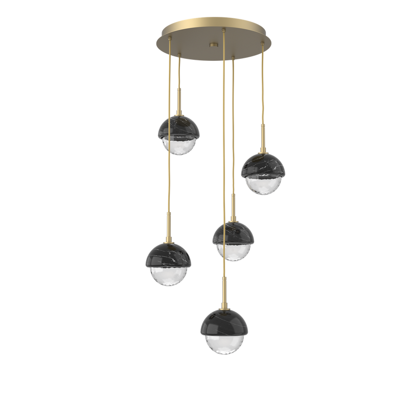 Cabochon Round Pendant Chandelier 5 Lights Gilded Brass Black Marble By Hammerton