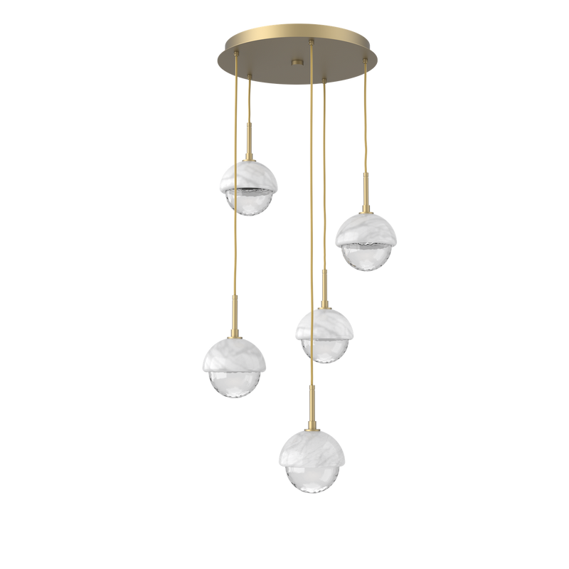 Cabochon Round Pendant Chandelier 5 Lights Gilded Brass White Marble By Hammerton