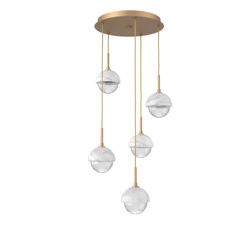 Cabochon Round Pendant Chandelier 5 Lights Novel Brass White Marble By Hammerton