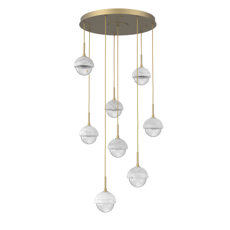 Cabochon Round Pendant Chandelier 8 Lights Gilded Brass White Marble By Hammerton