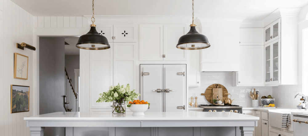 Metal No.1 Pendant by Hudson Valley above a kitchen island